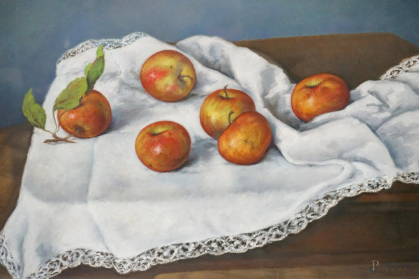 Gustavo Francalancia - Tavola con tovaglia e mele, olio su tela, cm 50x70, entro cornice.
