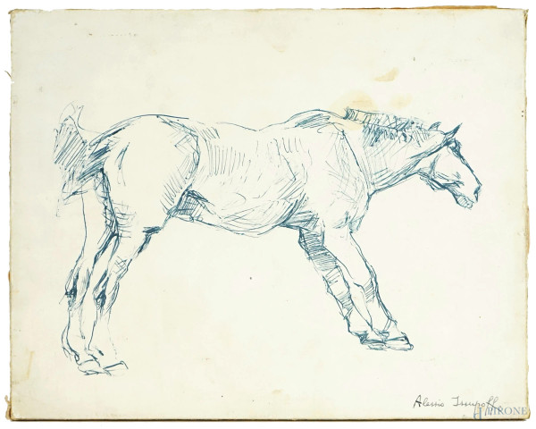 Cavallo, china su carta applicata su tela, cm 22,8x28,5, firmato, (macchie).
