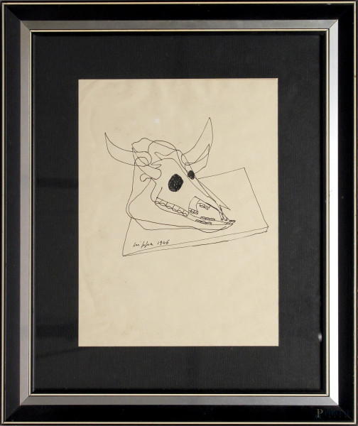 Roberto Gaetano Crippa - Teschio di animale, china su carta, cm 32x24, datato 1946, entro cornice.