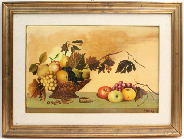 Natura morta con cesta di frutta, olio su tela, cm. 40x60, firmato e datato.