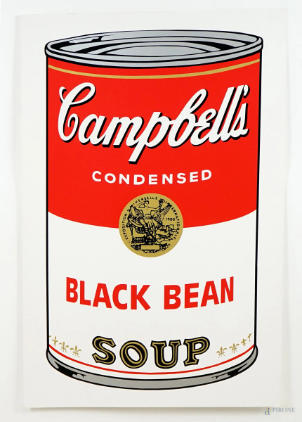 After Andy Warhol (1928-1987), Campbell's Black Bean Soup, Sunday B. Morning , 2000ca., serigrafia a colori su carta, cm 89x58,5, con timbro blu sul retro: "Fill in your signature" e "Published by Sunday B.Morning", (difetti sulla carta).