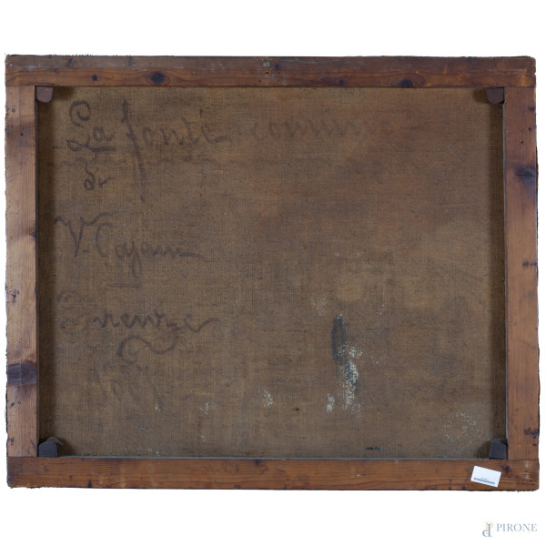 Vittorio Cajani, Cavalli e cane all'abbeveratoio, olio su tela, XIX secolo, cm 89,5x111, firmato ...