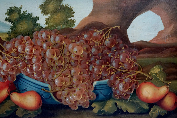 Francesco Malagoli (Modena, ? - documentato nel 1779), Coppia di nature morte raffiguranti uva, m...