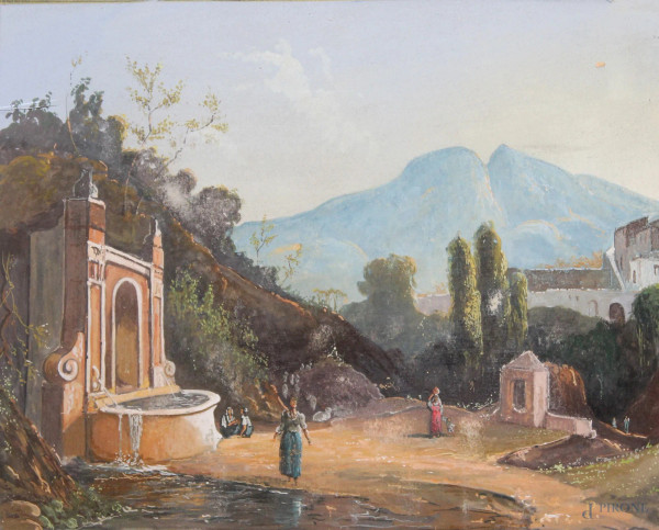 Scorcio di parco con fontana e figure