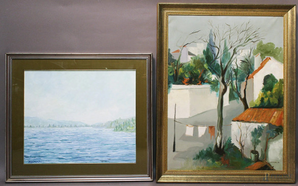 Lotto di due dipinti a soggetti e misure diverse, misura max 80x60 cm, entro cornici.