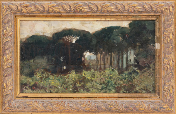Pineta d'Ischia, XX secolo, olio su tavoletta, cm 13,5x23. firmato in basso a destra e firmato e datato al retro "25 agosto 1925", (fessurazioni, segni di usura)
