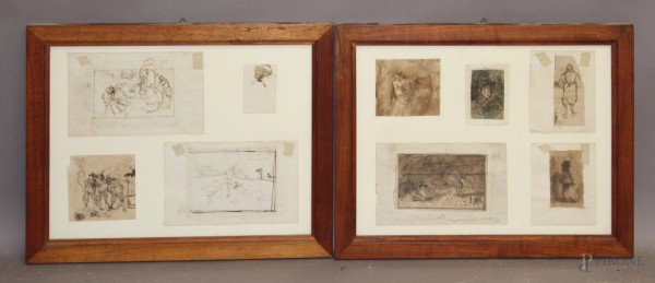Vincenzo Seratrice, Lotto di nove disegni su carta a soggetti diversi, entro due cornici.
