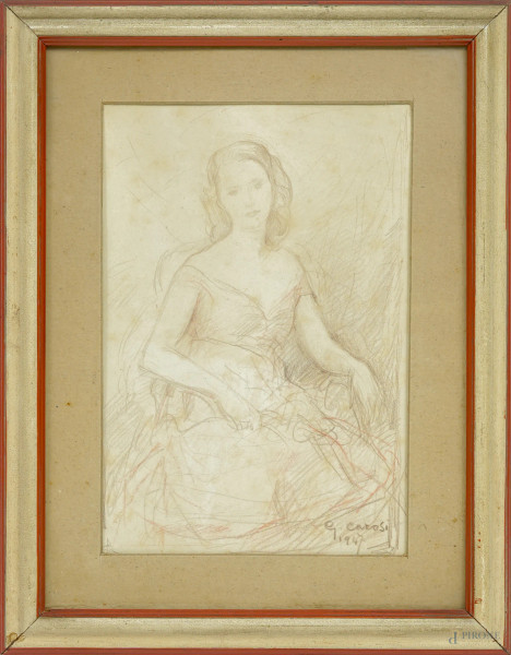 Giuseppe Carosi - Ritratto di donna, matita su carta, cm 24x18 (incluso passepartout), firmato e datato "1947" in basso a destra, entro cornice