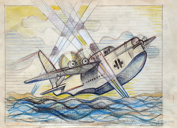 Beniamino Salvi (XX sec.) Aeropittura, aereo in volo sulle onde, tecnica mista su carta, cm 34x25, firmato