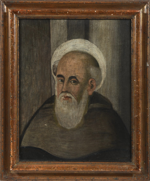 Santo, XIX-XX secolo, olio su tela, cm 51x41, entro cornice, (segni di usura, restauri, lacerazione)