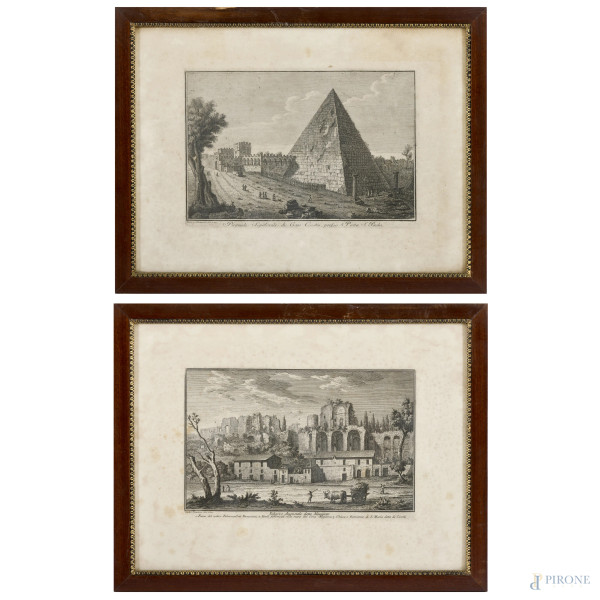 Coppia di incisioni raffiguranti Piramide Cestia e Circo Massimo, cm 35x46 entro cornice, (gore e segni di umidità diffuse)