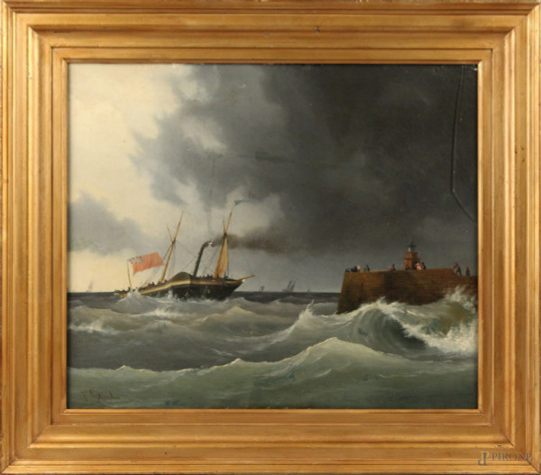 Mare in burrasca con imbarcazione, olio su tavola, 51x61 cm, firmato, entro cornice.