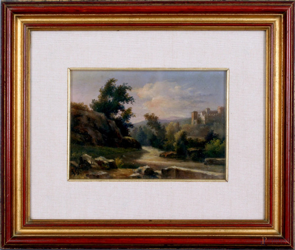 Paesaggio su sfondo castello, olio  su cartone, cm. 15x21,5, firmato Ruspoli, entro cornice.