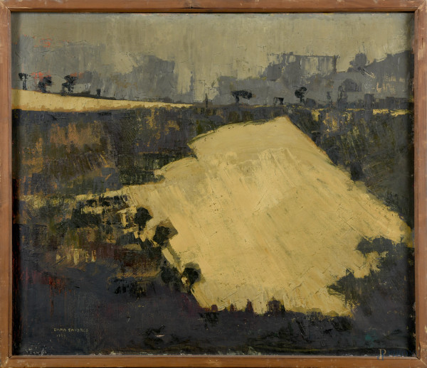 Emma Savanco (1928-2009), Paesaggio, olio su tela, cm 58x68, firmato e datato "1958"in basso a sinistra, entro cornice, (segni di usura, abrasioni, cadute di colore)