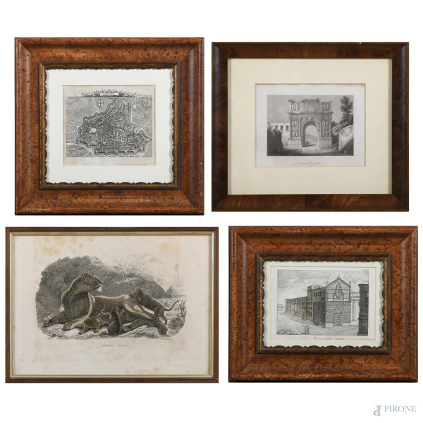 Lotto di quattro stampe di soggetto vario, XX secolo, misure massime cm 23x27,5 compreso passepartout, entro cornice, (segni di usura, difetti, tracce di umidità, gore, foxing)