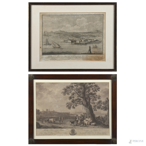 Lotto di due stampe raffiguranti vedute di Livorno, XIX secolo,  misure massime cm 37x48 compreso passepartout, entro cornice, segni di usura, foxing, tracce di umidità, difetti)