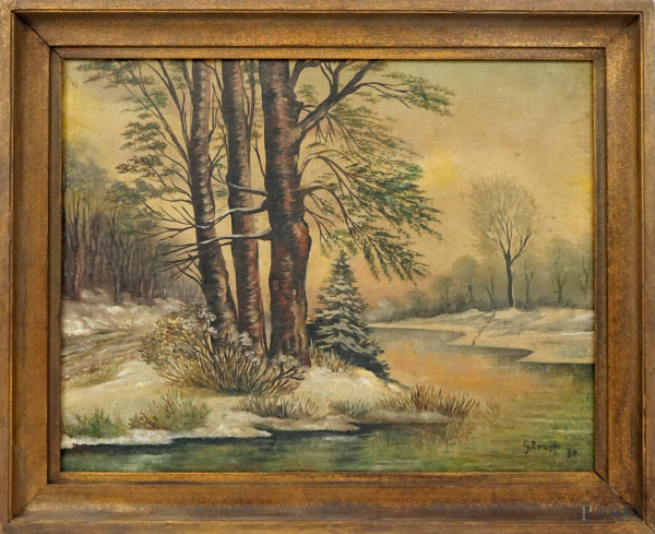 Paesaggio invernale, olio su tela applicata su tavola, cm 35x45, firmato e datato in basso a destra, entro cornice