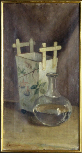 Natura morta, Vaso e carrello, olio su tela firmato Luisa, cm 53 x 28, entro cornice.