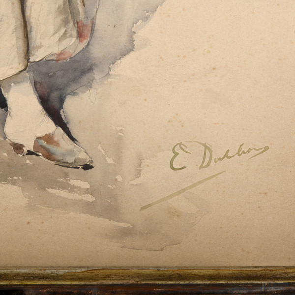 Coppia di dipinti raffiguranti popolane, acquarello su cartoncino, firmati, cm 61x46, entro corni...