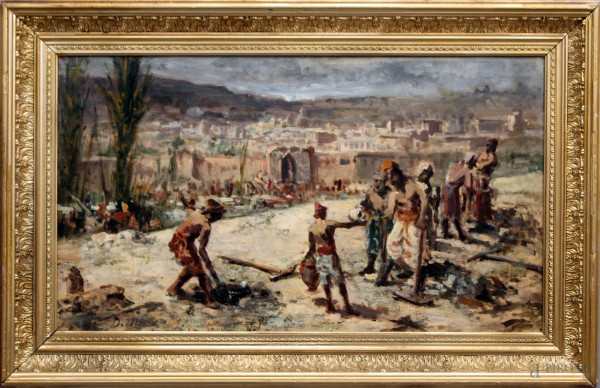 Manuali del Golgota 1894, raffigurante citt&#224; araba con figure, olio su cartone,cm. 40x70, siglato entro cornice.