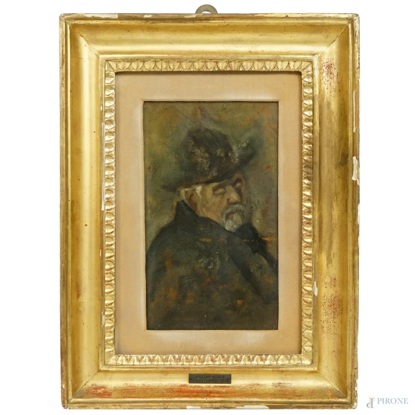 Anonimo, sec. XIX, bozzetto di testa virile con cappello, olio su tavoletta, cm 22x13, entro cornice