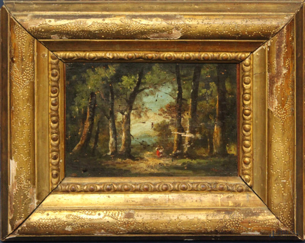 Paesaggio boschivo con figure, olio su cartoncino, 16x22 cm, entro cornice.