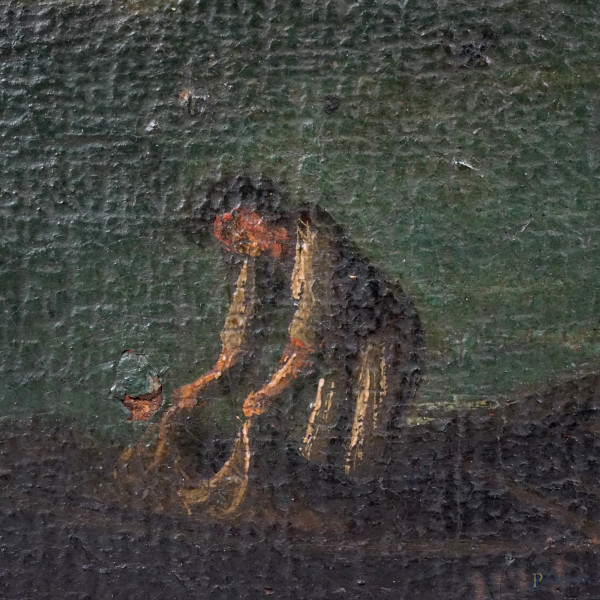 Veduta costiera con capriccio architettonico e figure, olio su tela riportata su cartone, cm 32,5...