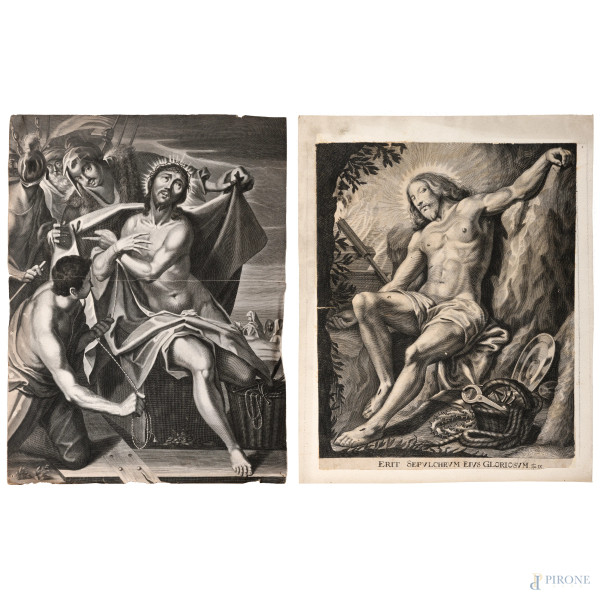 Lotto di due incisioni raffiguranti Cristo, XIX secolo, misura massima cm 46x34,5, (strappi, difetti, mancanze tracce di umidità)