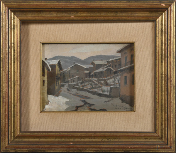 Paese innevato, XX secolo, olio su compensato, cm 20x27, firmato, entro cornice, (lievi segni di usura, supporto lievemente imbarcato)