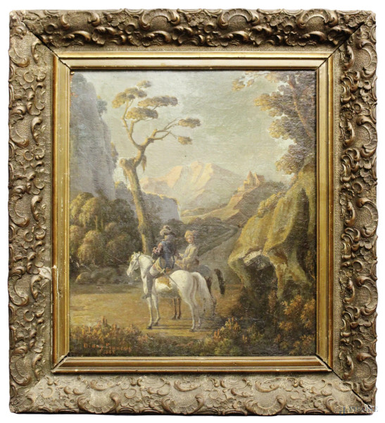 Francois Diday (1802-1877), Paesaggio con cavalieri, dipinto ad olio su tela, cm 40 x 35, entro cornice.