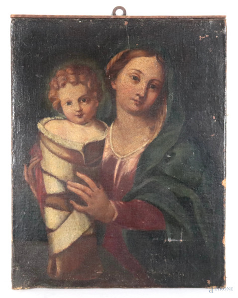 Madonna con Bambino, XVIII secolo, olio su tela, cm 46x36,5, (segni di usura, abrasioni, graffi, sollevamenti e cadute di colore, difetti)