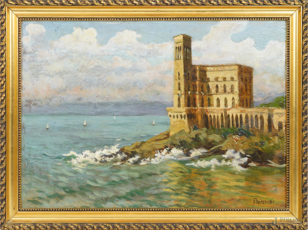 Veduta del Castello di Miramare a Trieste, olio su compensato, firmato, cm 34x47, entro cornice