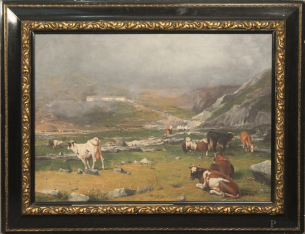 Paesaggio montano con armenti e figure, olio su tela, cm 75x106, firmato, entro cornice.