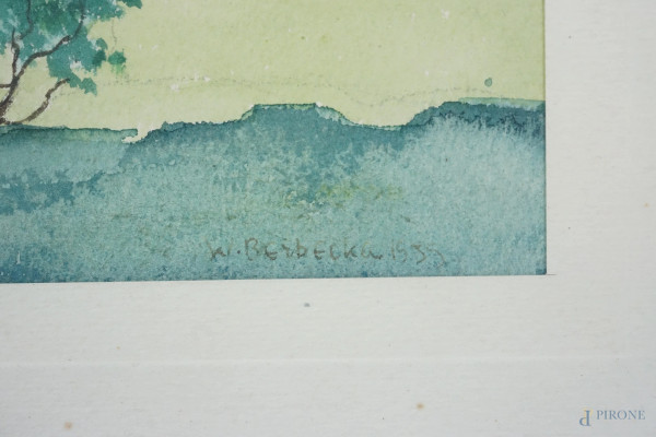 Scorcio di parco, acquerello su carta, firmato e datato, cm 22x17,5, entro cornice