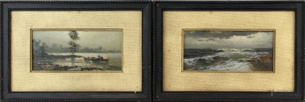 Coppia di paesaggi raffiguranti marina e lago con imbarcazione, olio su cartone, cm 11x23, firmati e datati, entro cornici.