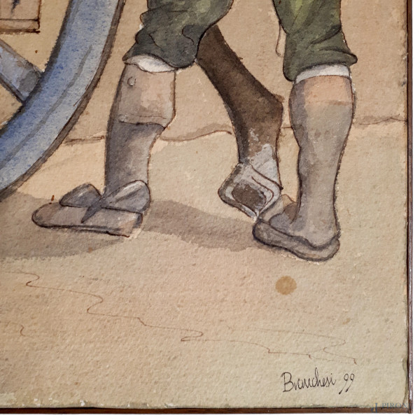 Alla maniera di Bartolomeo Pinelli, XX secolo, Scena di vita rurale, acquarello su carta applicat...