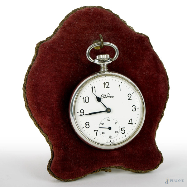 Perseo FS, orologio da taschino con cassa in acciaio, quadrante a numeri arabi, diam. cm 5, (segni del tempo, meccanismo da revisionare).