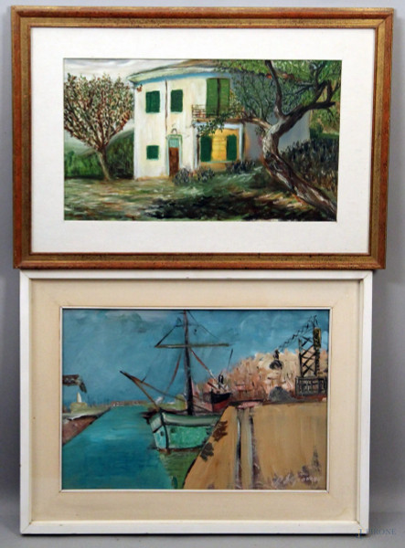 Lotto di due dipinti ad olio a soggetti di porto e paesaggio, 32x50 - 28x50 cm, entro cornici