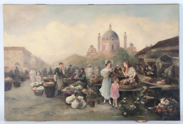 Emil Barbarin(1855-1933), Mercato di fiori, olio su tavoletta, cm 26,5x39,5, firmato in basso a sinistra, entro cornice, (lievi abrasioni)
