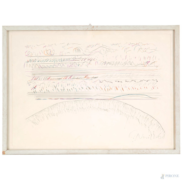 Gastone Novelli (1925-1968), Senza Titolo, 1968, matite colorate e grafite su carta, cm 50x70, firmato e datato in basso a destra, entro cornice