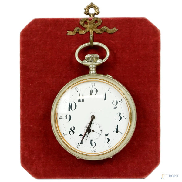 8DAYS, orologio da tasca, cassa in acciaio, quadrante a numeri romani, cm  12,5x9,5, XX secolo, (segni del tempo, meccanismo da revisionare).