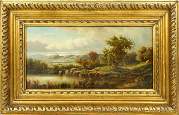 Paesaggio lacustre, olio su tela, firmato, cm 24x48, entro cornice