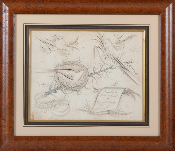 Disegno a grafite e inchiostro su carta raffigurante volatili, XIX secolo, cm 45x53,5 compreso passepartout, entro cornice, (segni di usura, tracce di umidità)