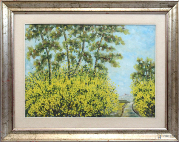 Paesaggio con alberi e fiori gialli, olio su tela, cm 50x70, firmato Michele Cascella, (privo di autentica), entro cornice