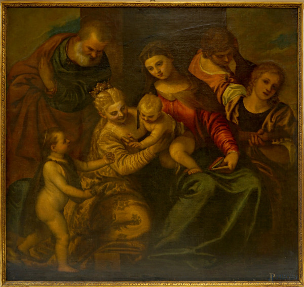 Scuola veneta del XVII secolo, Matrimonio mistico di Santa Caterina, olio su tela, cm 140x149, entro cornice