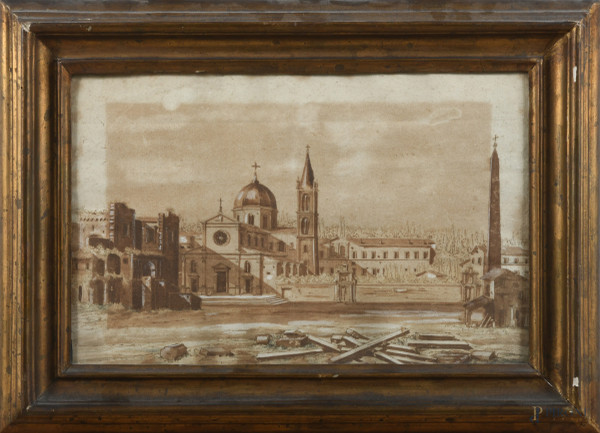 Scorcio di Roma, XIX secolo, tecnica mista su carta, cm 27x41, entro cornice, (segni di usura, tracce di umidità, segni di piegatura, ondulazioni della carta)