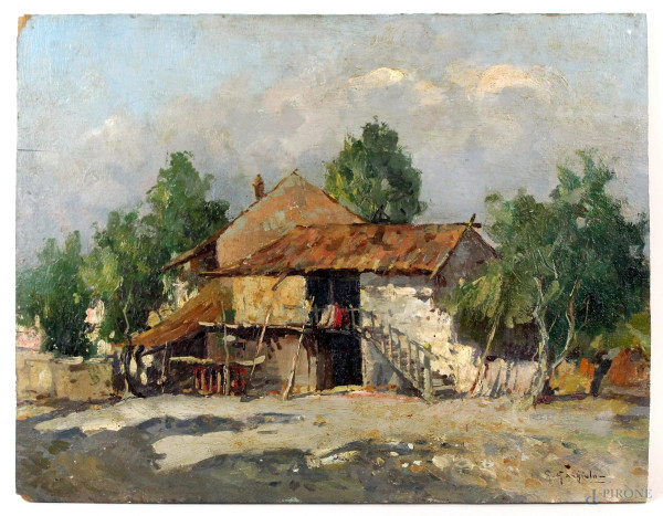 Giuseppe Gargiulo - Paesaggio con casale, olio su tavola, cm 29,5x38