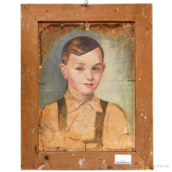 Giovane donna a seno scoperto, XX secolo, olio su cartone, cm 43x33 entro cornice.