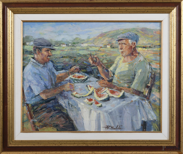 Mangiatori di cocomero, olio su tela, cm 40x50, firmato in basso, titolato, firmato e datato "2005" al retro, entro cornice