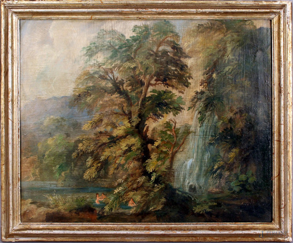 Paesaggio con cascata e figure, olio su tavola, cm. 30x37, primi &#39;900.
